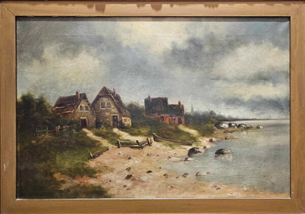 Carl Dahl (1810 - 1887) Oil on Canvas "Fishing Village" - Image 3