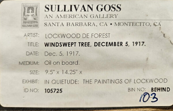Lockwood De Forest (1850 - 1932)   “Wind Swept Tree, Dec. 5, 1917”  Oil on Board - Image 16