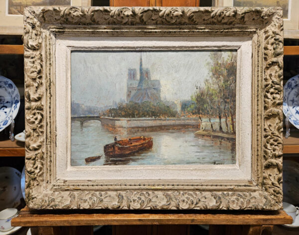 Notre-Dame Cathedral in Paris on the Seine River Oil on Board - Image 2
