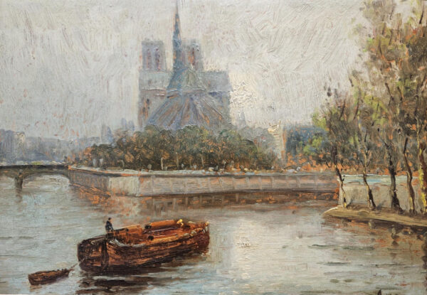 Notre-Dame Cathedral in Paris on the Seine River Oil on Board