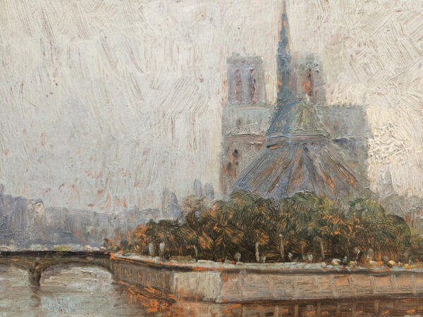 Notre-Dame Cathedral in Paris on the Seine River Oil on Board - Image 5