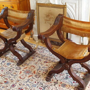 17th to Early 18th Century Italian Inlaid Walnut Dantesque Chairs Upholstered in Gold Silk.