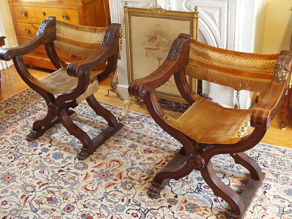 17th to Early 18th Century Italian Inlaid Walnut Dantesque Chairs Upholstered in Gold Silk.
