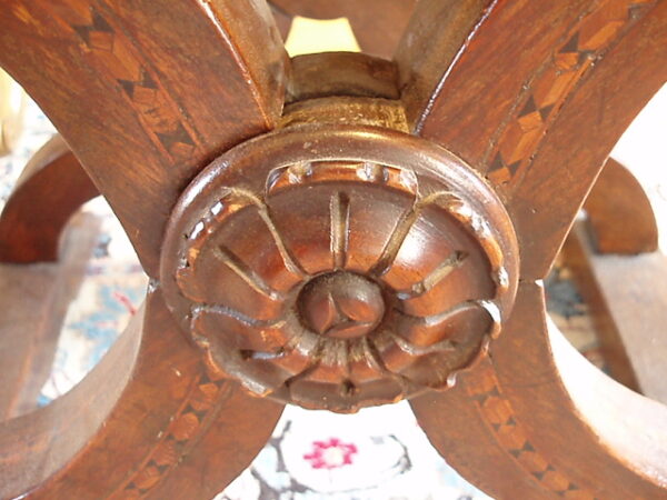 17th to Early 18th Century Italian Inlaid Walnut Dantesque Chairs Upholstered in Gold Silk. - Image 7