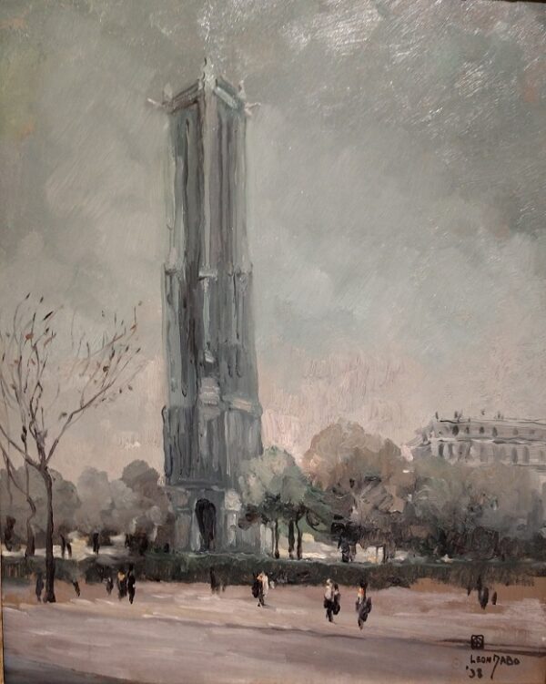 "Tour Saint-Jacques, Paris." Oil on Board by Leon Dabo, NA(1864-1960)