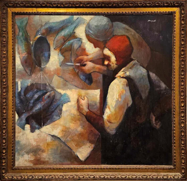 Stephen Bagnell (1930 - 1996)  “The Fish Monger”  Oil on Artist Board