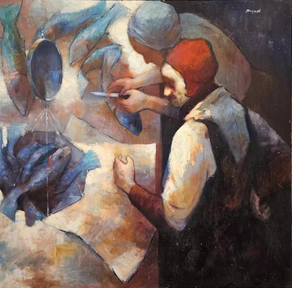 Stephen Bagnell (1930 - 1996)  “The Fish Monger”  Oil on Artist Board - Image 3